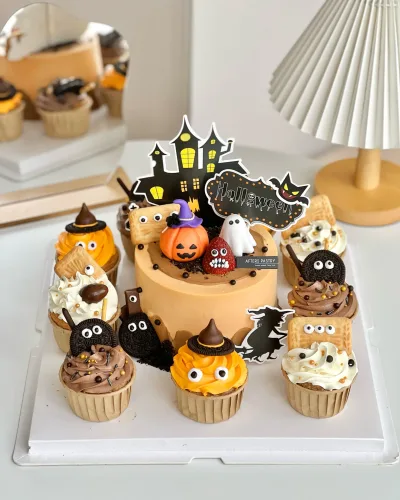 Halloween cupcakes with buttercream, fondant ghosts, pumpkins, and festive toppers