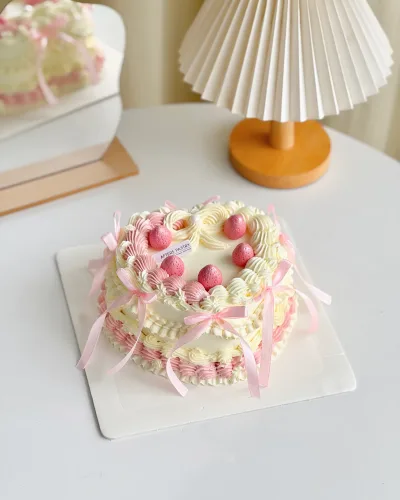 Vintage Hearty Cake with pink piping and romantic heart shape
