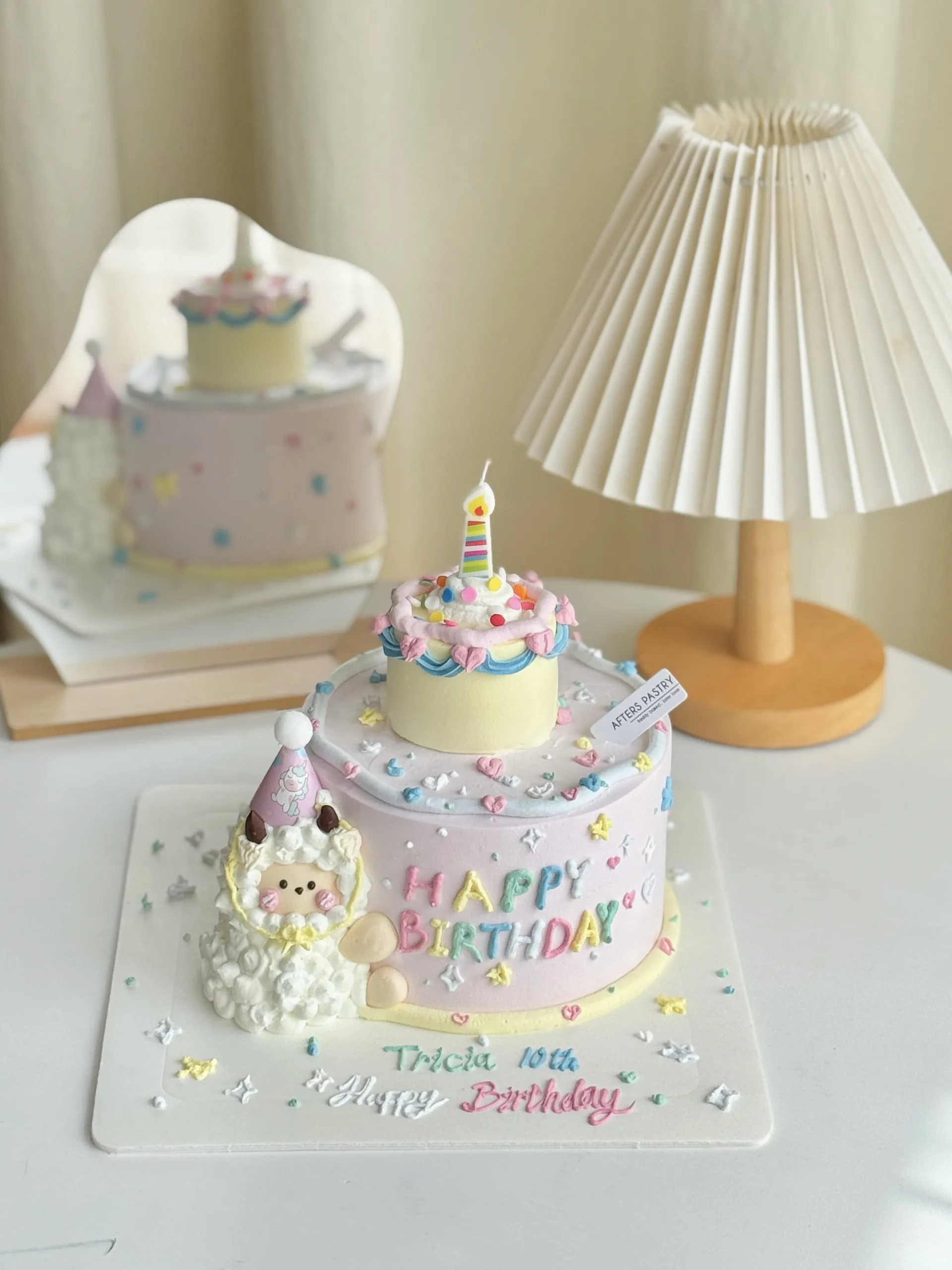Korean-style minimalist cute cake with pastel cream and custom message