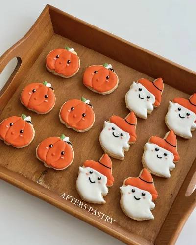Halloween cookies decorated as pumpkins and ghosts on a wooden tray