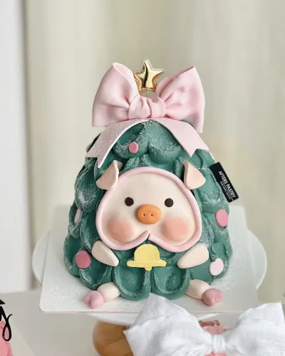 Christmas Customized Piggy Cake with holiday fondant and buttercream decorations