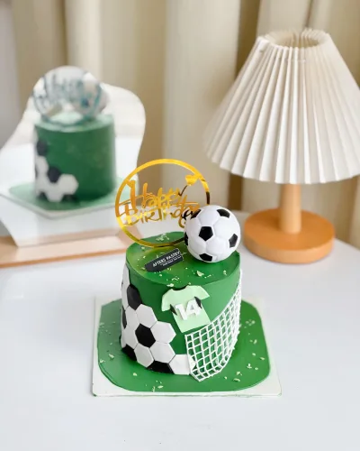 Customized Football Cake Johor Bahru sports theme birthday cake with vanilla, chocolate, matcha, hojicha, and black sesame flavours