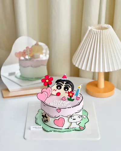 Shin Chan Customized Cake Johor Bahru cartoon theme birthday cake with vanilla, chocolate, matcha, hojicha, and black sesame flavours