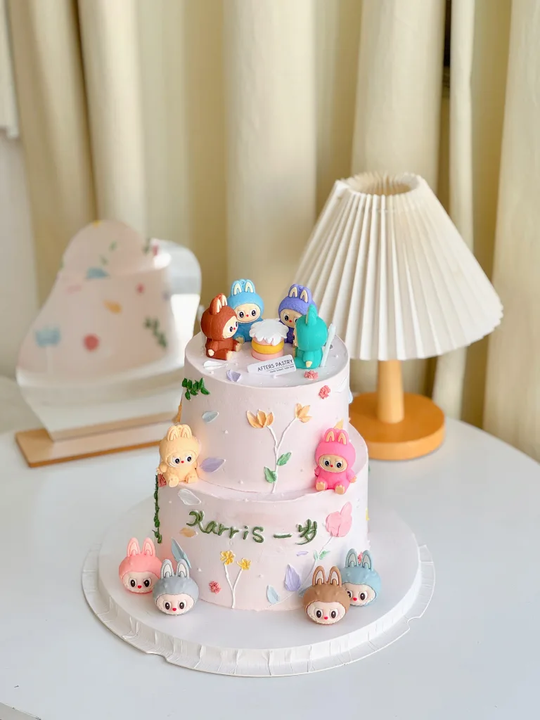 Two Tier Labubu Cake Johor Bahru themed birthday cake with vanilla, chocolate, matcha, hojicha, and black sesame flavours