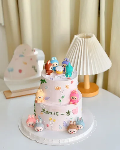 Two Tier Labubu Cake Johor Bahru themed birthday cake with vanilla, chocolate, matcha, hojicha, and black sesame flavours