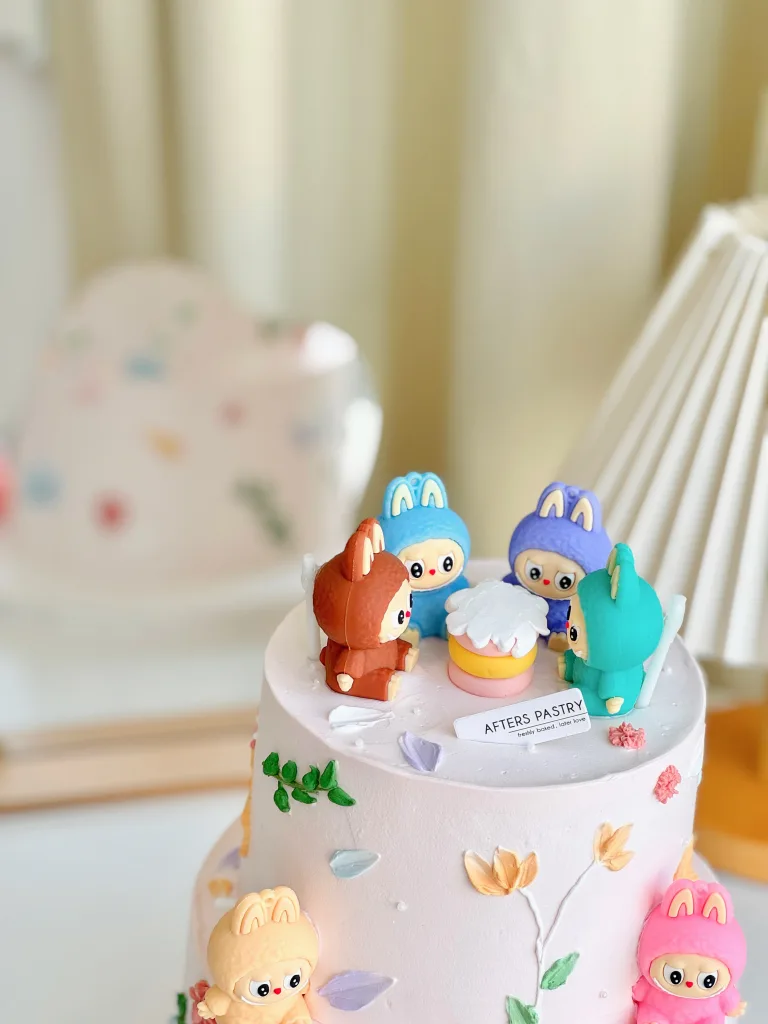 Two Tier Labubu Cake Johor Bahru themed birthday cake with vanilla, chocolate, matcha, hojicha, and black sesame flavours