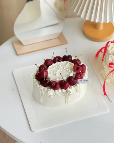 Vintage Cherry Cake – with pastel buttercream and retro piping | Afters Pastry Malaysia